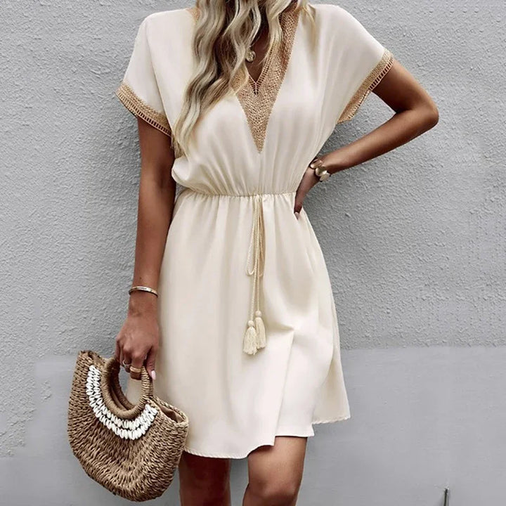 Clara™ | White Lace V-Neck Belted Midi Dress