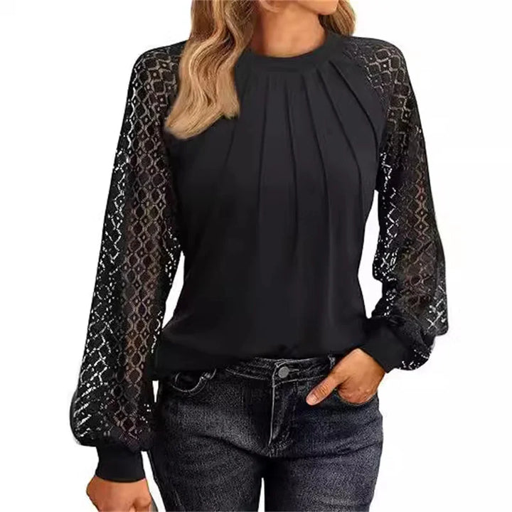 Amelia Lace-Sleeve Pleated Blouse