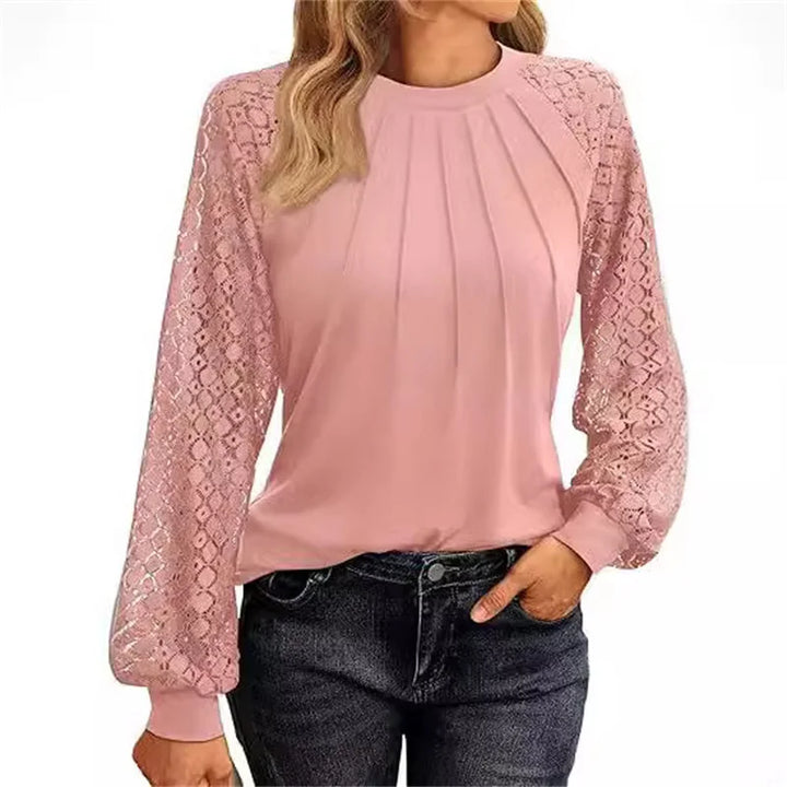 Amelia Lace-Sleeve Pleated Blouse