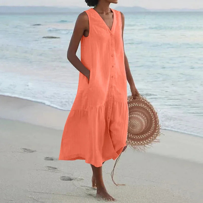Florence Relaxed V-Neck Midi Dress with Pockets