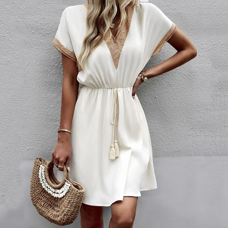 Clara™ | White Lace V-Neck Belted Midi Dress