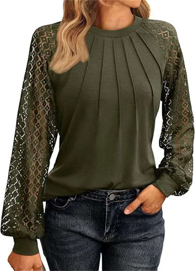 Amelia Lace-Sleeve Pleated Blouse
