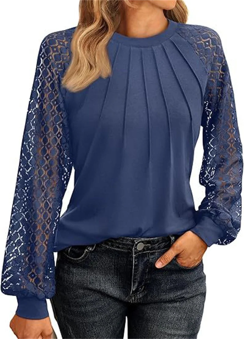 Amelia Lace-Sleeve Pleated Blouse