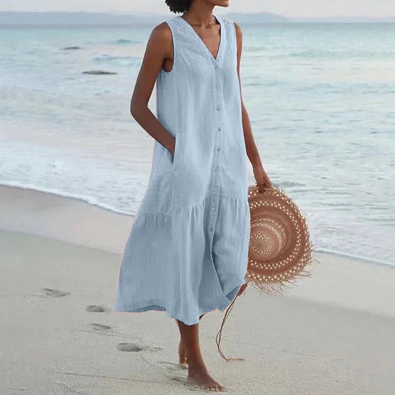 Florence Relaxed V-Neck Midi Dress with Pockets