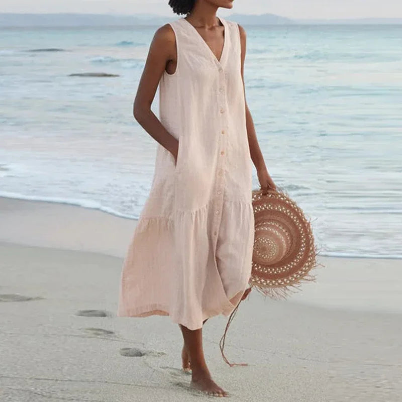 Florence Relaxed V-Neck Midi Dress with Pockets