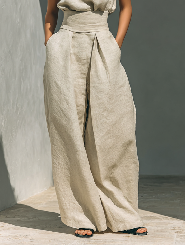 Julie | Beige Linen Two-Piece Set with Sleeveless Top and Wide-Leg Trousers