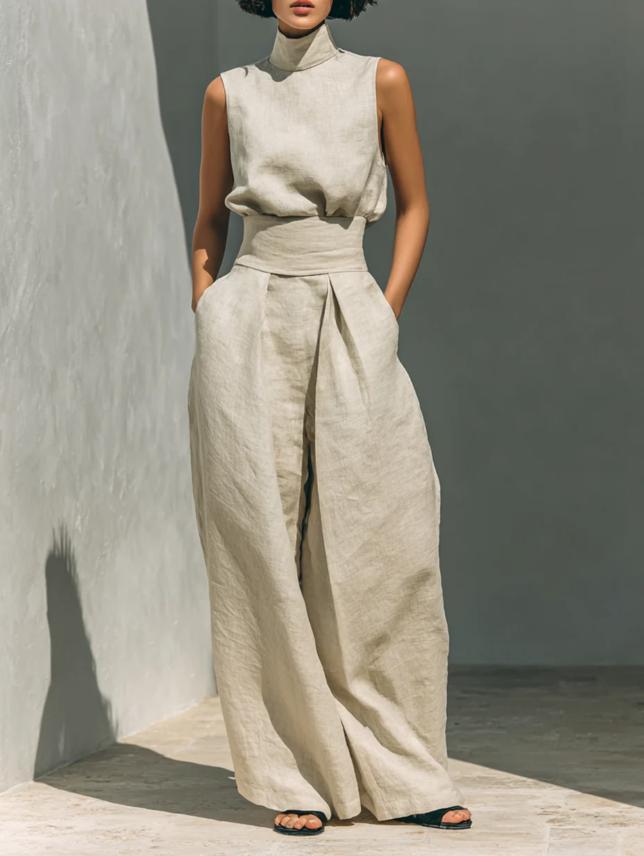 Julie | Beige Linen Two-Piece Set with Sleeveless Top and Wide-Leg Trousers