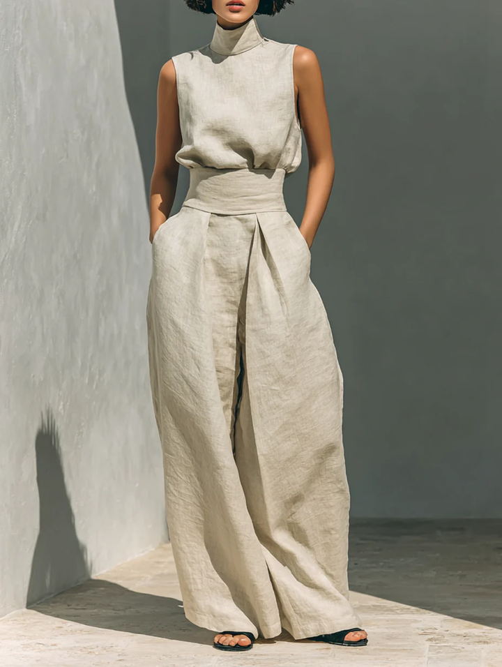 Julie | Beige Linen Two-Piece Set with Sleeveless Top and Wide-Leg Trousers
