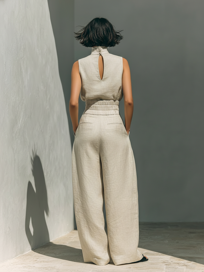 Julie | Beige Linen Two-Piece Set with Sleeveless Top and Wide-Leg Trousers