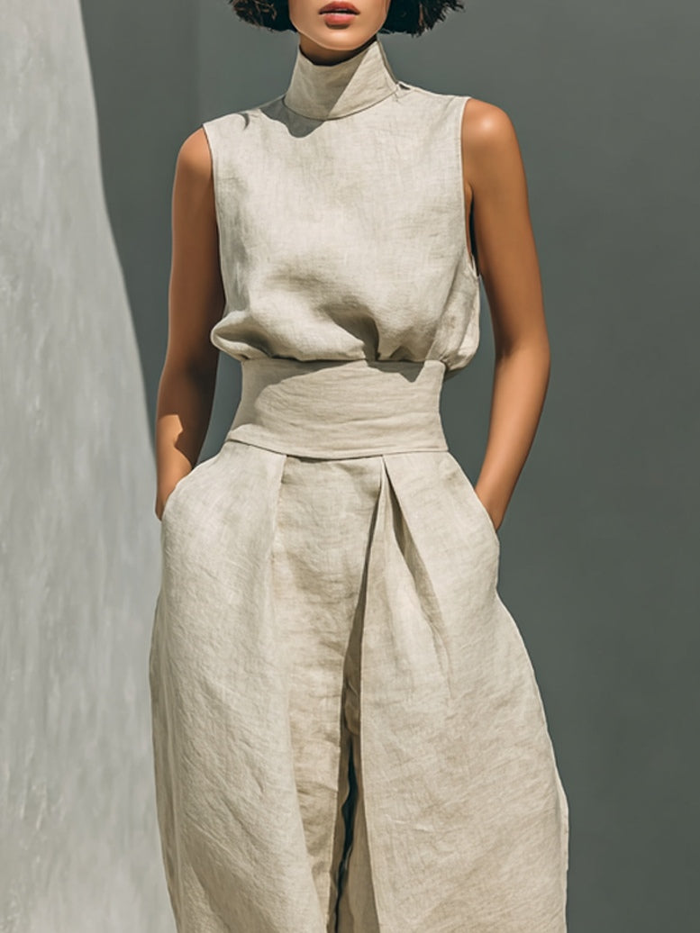 Julie | Beige Linen Two-Piece Set with Sleeveless Top and Wide-Leg Trousers