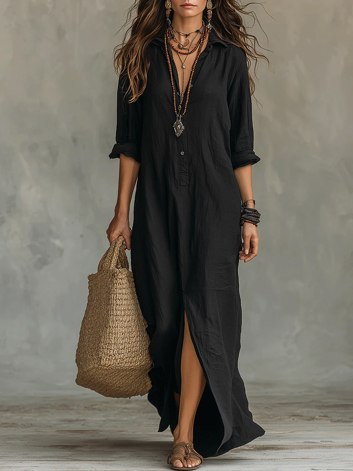 Veronica™ | Long Black Maxi Dress with Buttons