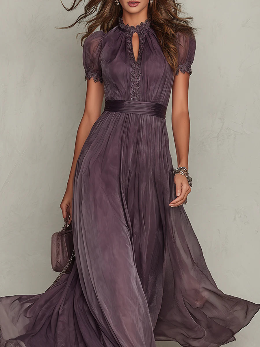 Ambre | Purple Maxi Dress with Teardrop Cut-Out and Chiffon Lace Trim