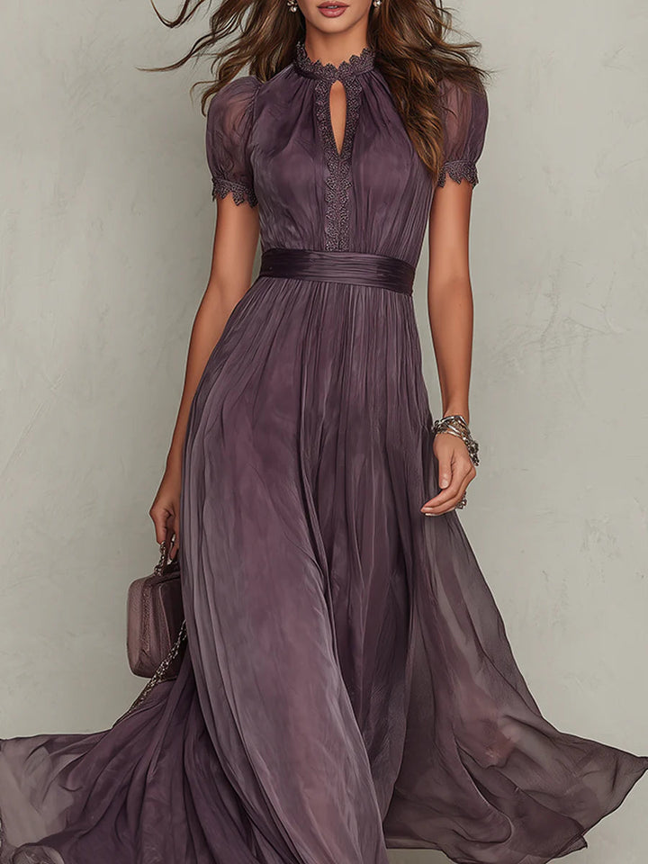 Ambre | Purple Maxi Dress with Teardrop Cut-Out and Chiffon Lace Trim