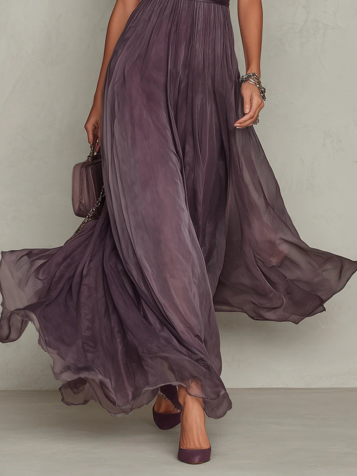 Ambre | Purple Maxi Dress with Teardrop Cut-Out and Chiffon Lace Trim