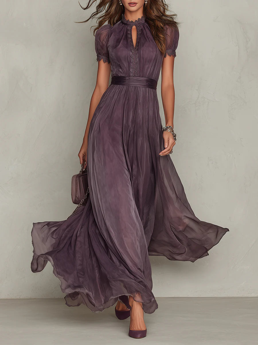 Ambre | Purple Maxi Dress with Teardrop Cut-Out and Chiffon Lace Trim