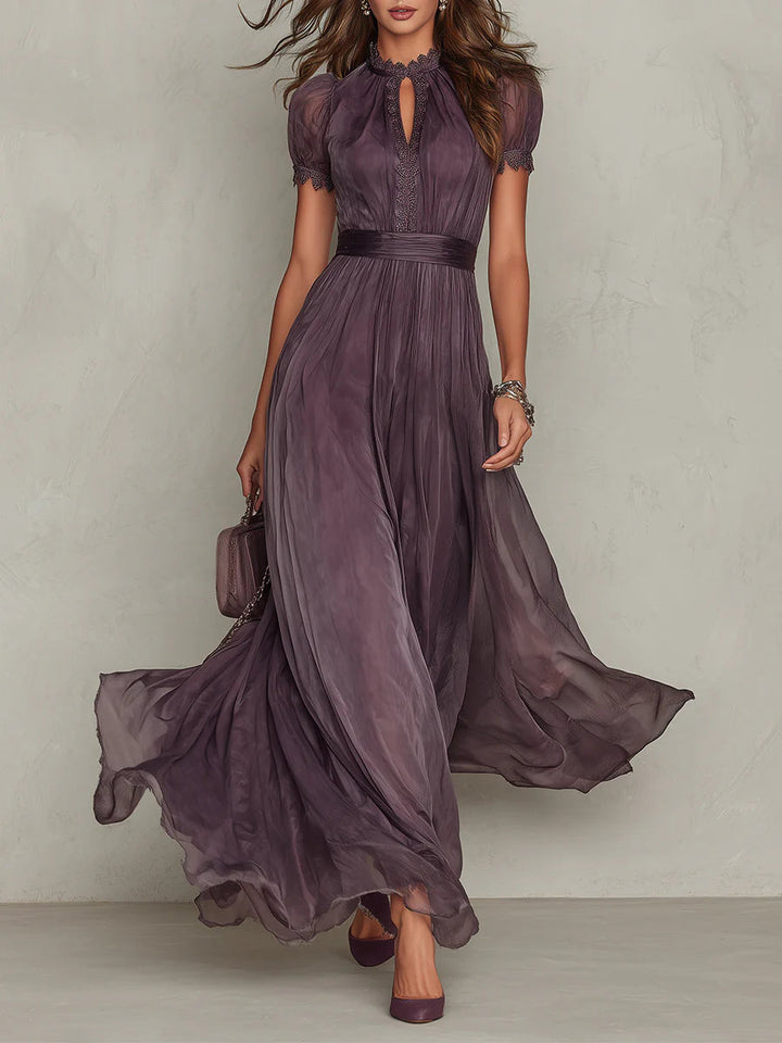 Ambre | Purple Maxi Dress with Teardrop Cut-Out and Chiffon Lace Trim