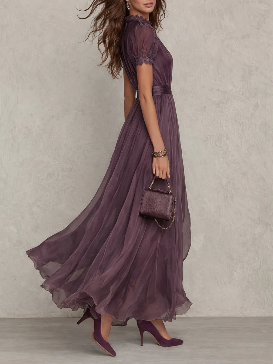 Ambre | Purple Maxi Dress with Teardrop Cut-Out and Chiffon Lace Trim