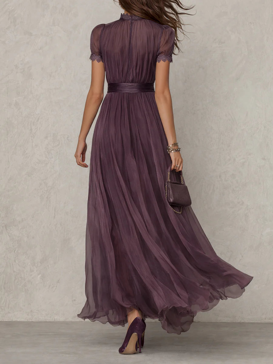 Ambre | Purple Maxi Dress with Teardrop Cut-Out and Chiffon Lace Trim