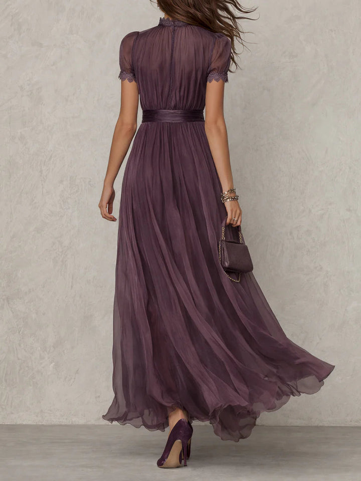 Ambre | Purple Maxi Dress with Teardrop Cut-Out and Chiffon Lace Trim