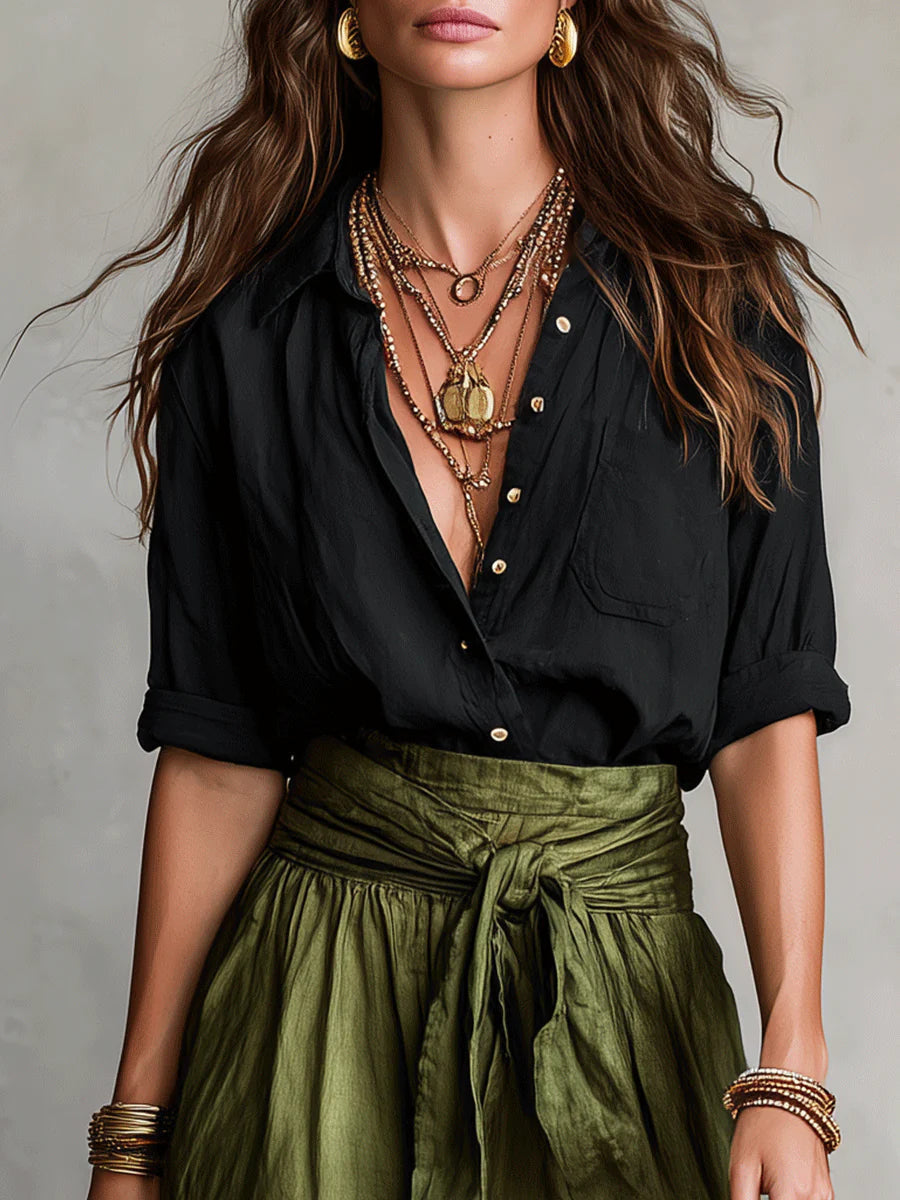 Véro™ | Two-Piece Set: Black Top and Midi Skirt