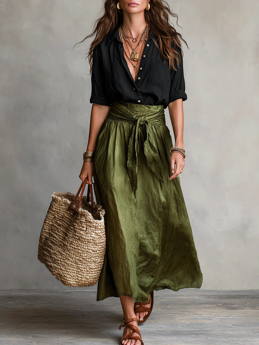 Véro™ | Two-Piece Set: Black Top and Midi Skirt