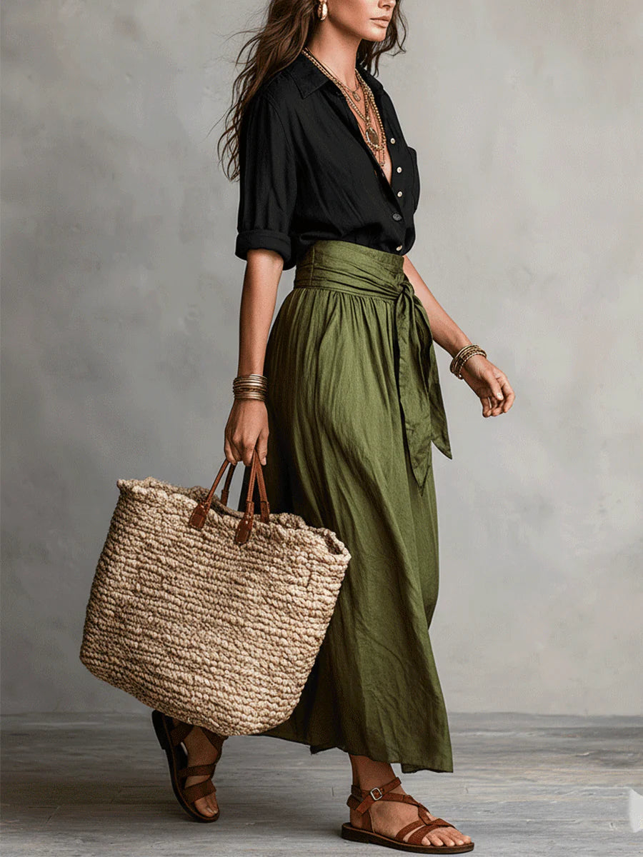 Véro™ | Two-Piece Set: Black Top and Midi Skirt