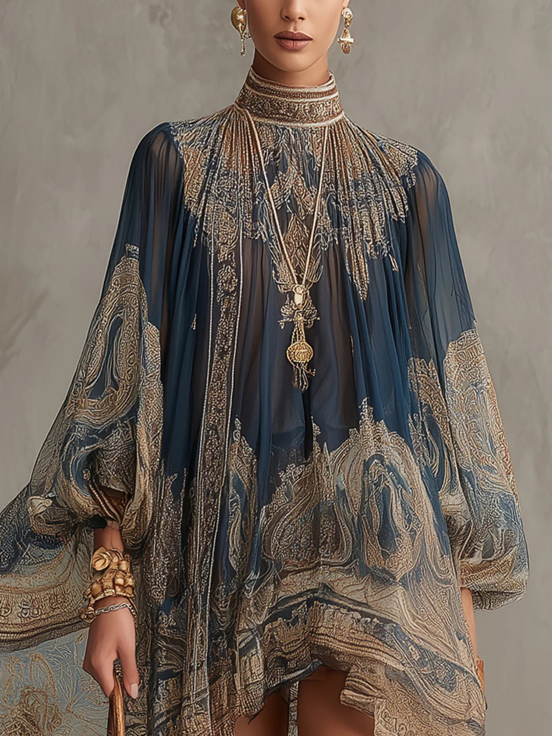 Navy Baroque High-Neck Chiffon Mini Dress