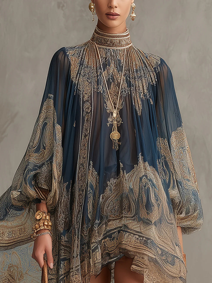 Navy Baroque High-Neck Chiffon Mini Dress