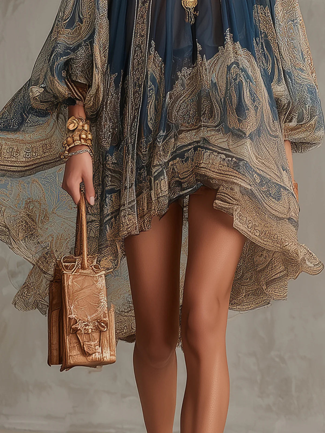 Navy Baroque High-Neck Chiffon Mini Dress