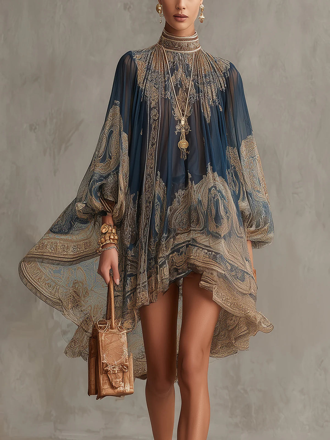 Navy Baroque High-Neck Chiffon Mini Dress