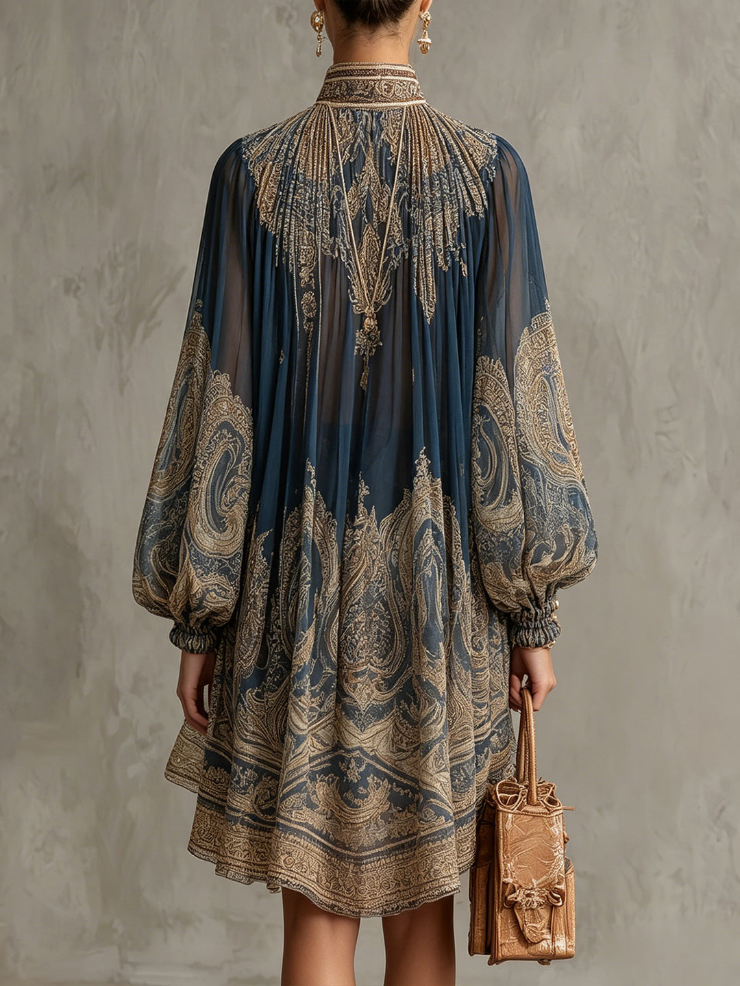 Navy Baroque High-Neck Chiffon Mini Dress