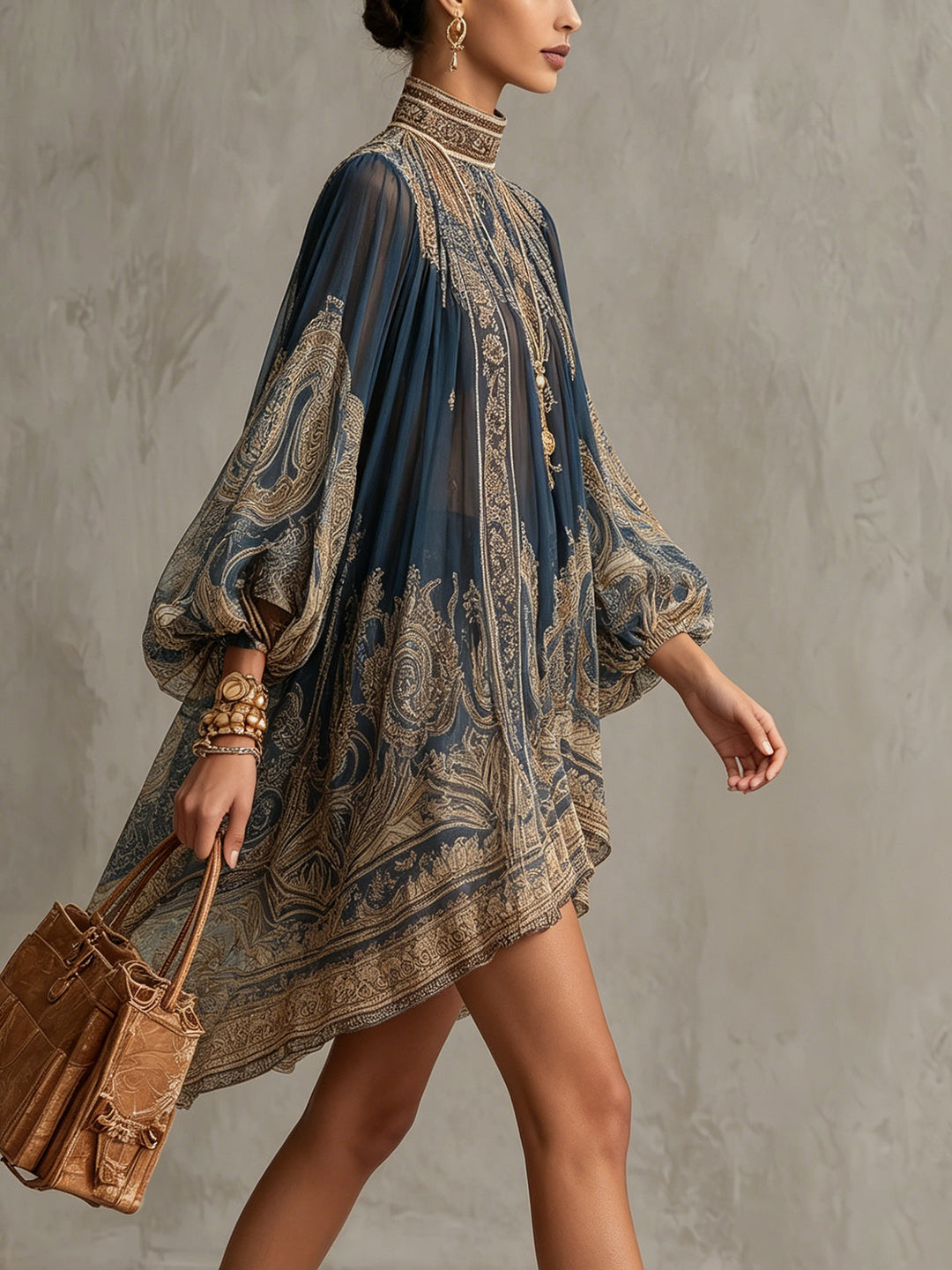Navy Baroque High-Neck Chiffon Mini Dress