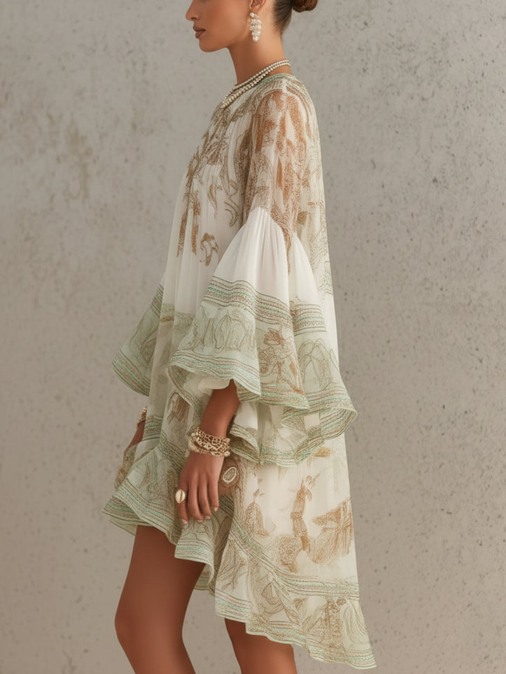 Sage Baroque Ruffle Chiffon Mini Dress