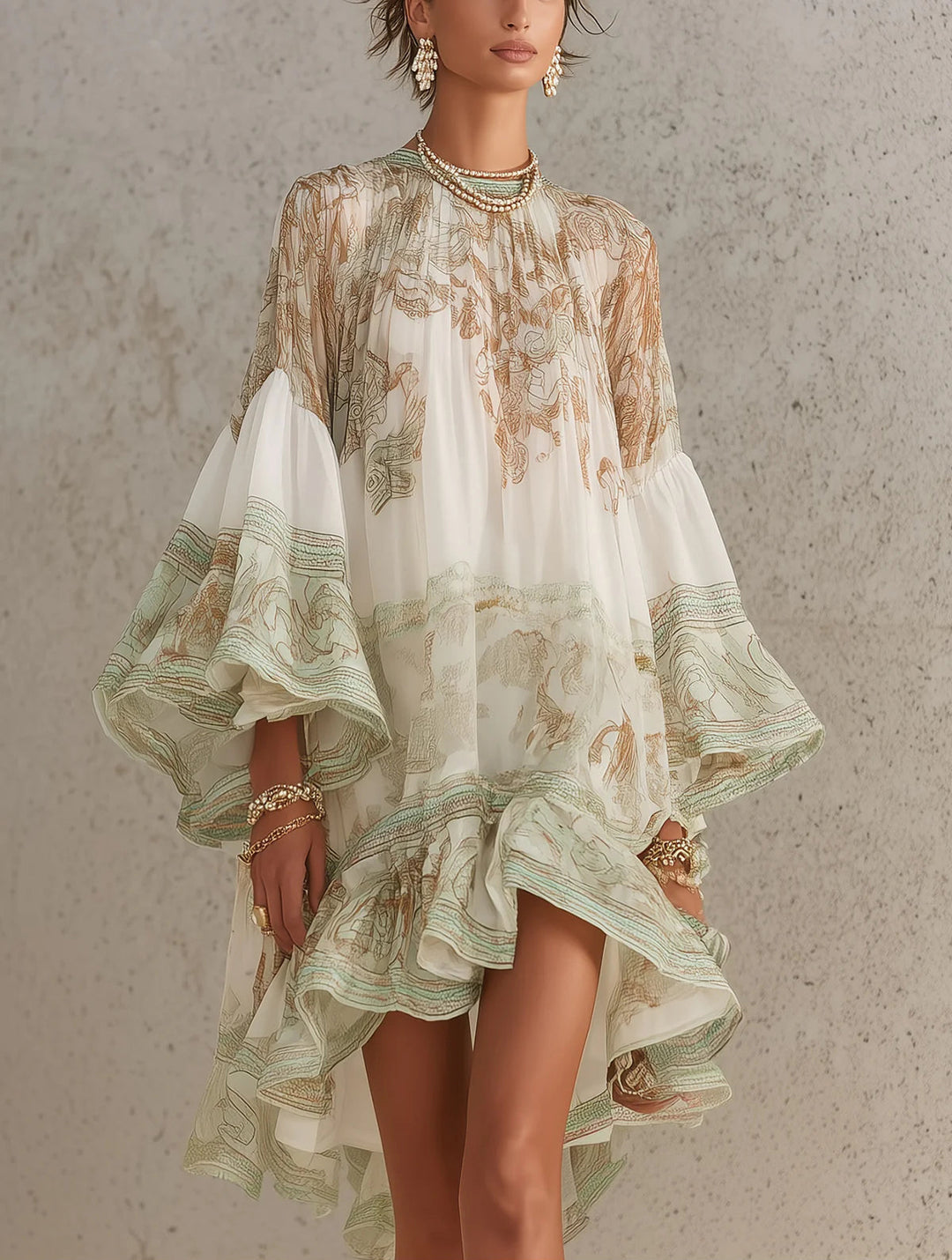 Sage Baroque Ruffle Chiffon Mini Dress