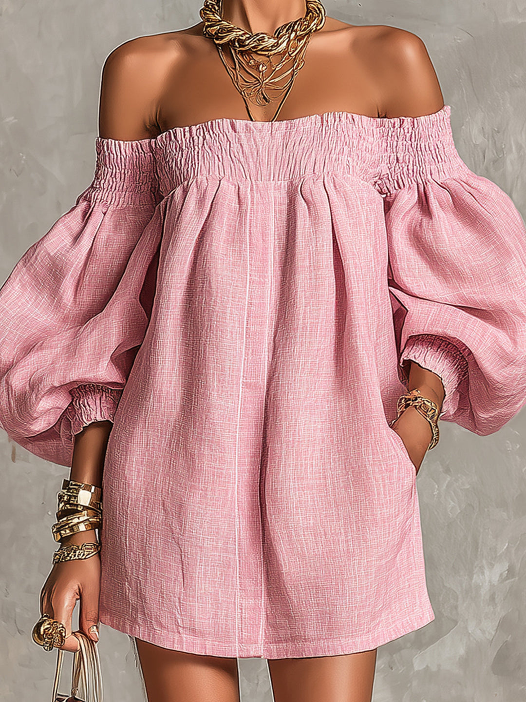 Pink Off-Shoulder Lantern-Sleeve Mini Dress