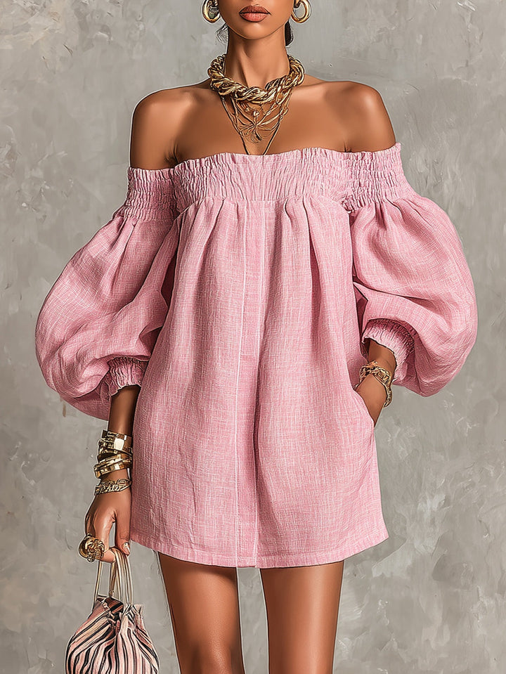 Pink Off-Shoulder Lantern-Sleeve Mini Dress