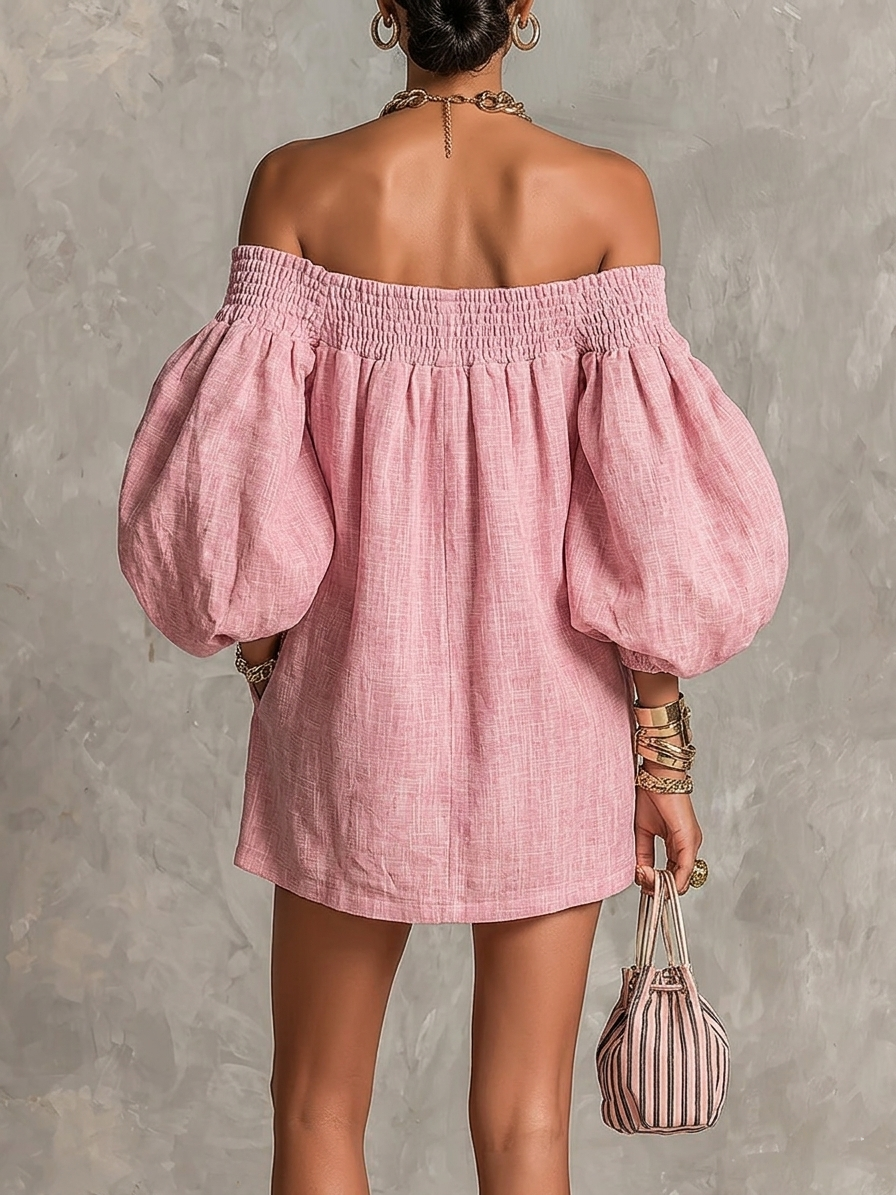 Pink Off-Shoulder Lantern-Sleeve Mini Dress