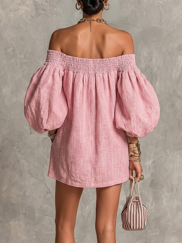 Pink Off-Shoulder Lantern-Sleeve Mini Dress