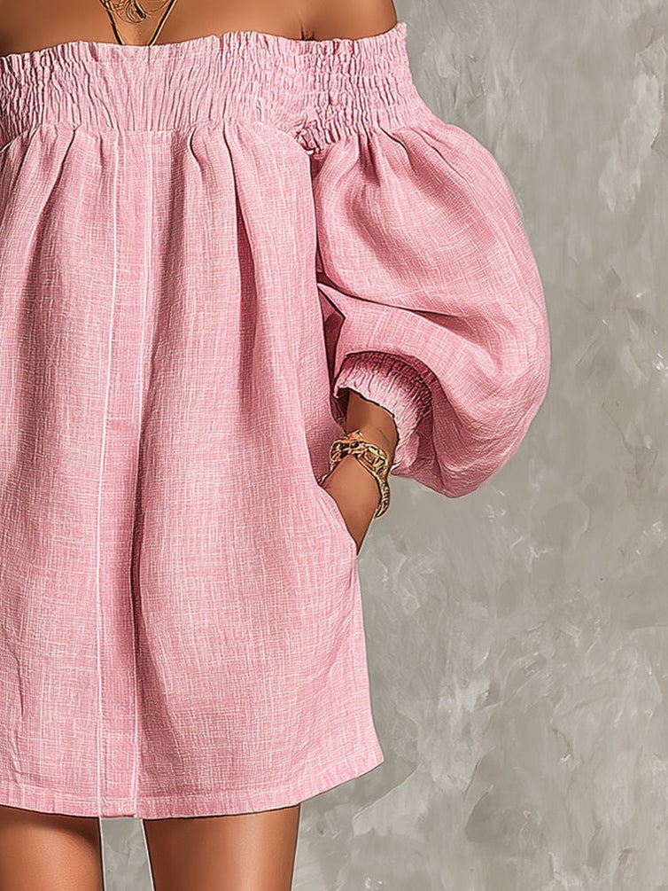 Pink Off-Shoulder Lantern-Sleeve Mini Dress