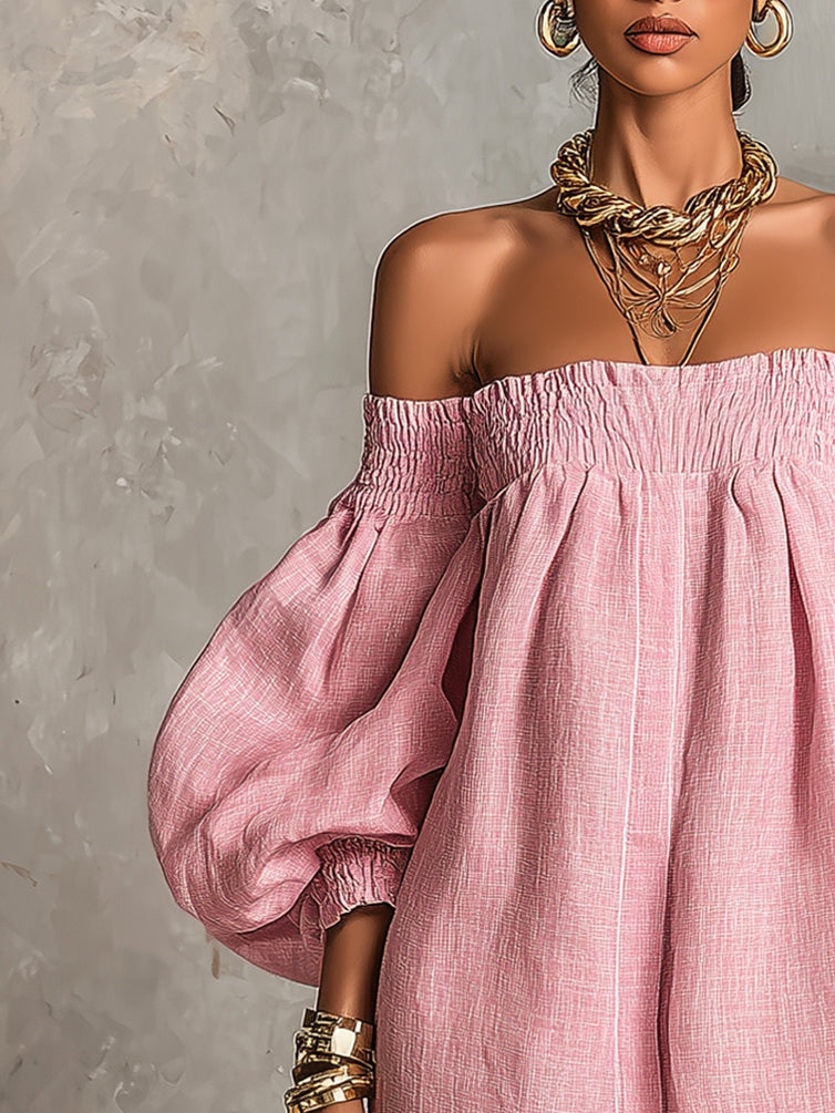 Pink Off-Shoulder Lantern-Sleeve Mini Dress