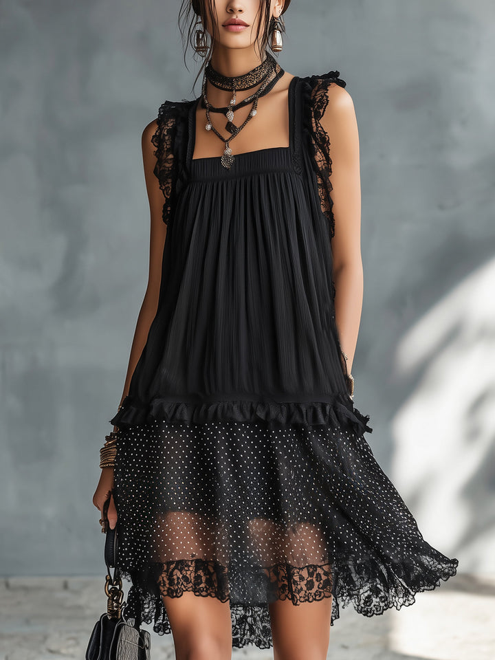 Black Polka-Dot Lace-Trim Mini Dress