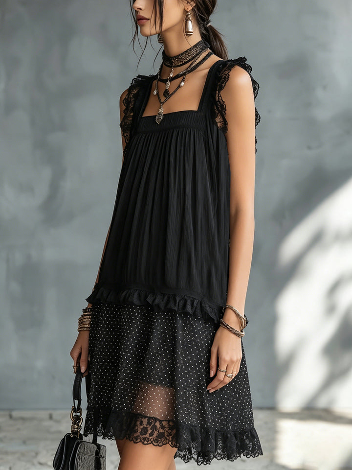 Black Polka-Dot Lace-Trim Mini Dress