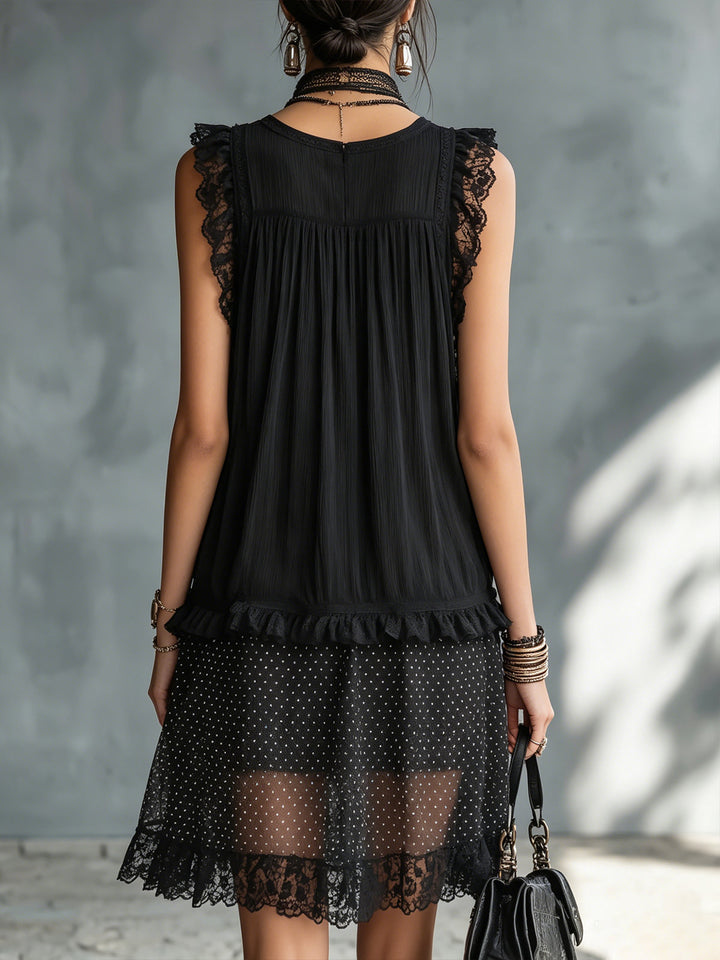 Black Polka-Dot Lace-Trim Mini Dress