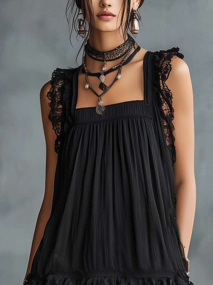 Black Polka-Dot Lace-Trim Mini Dress