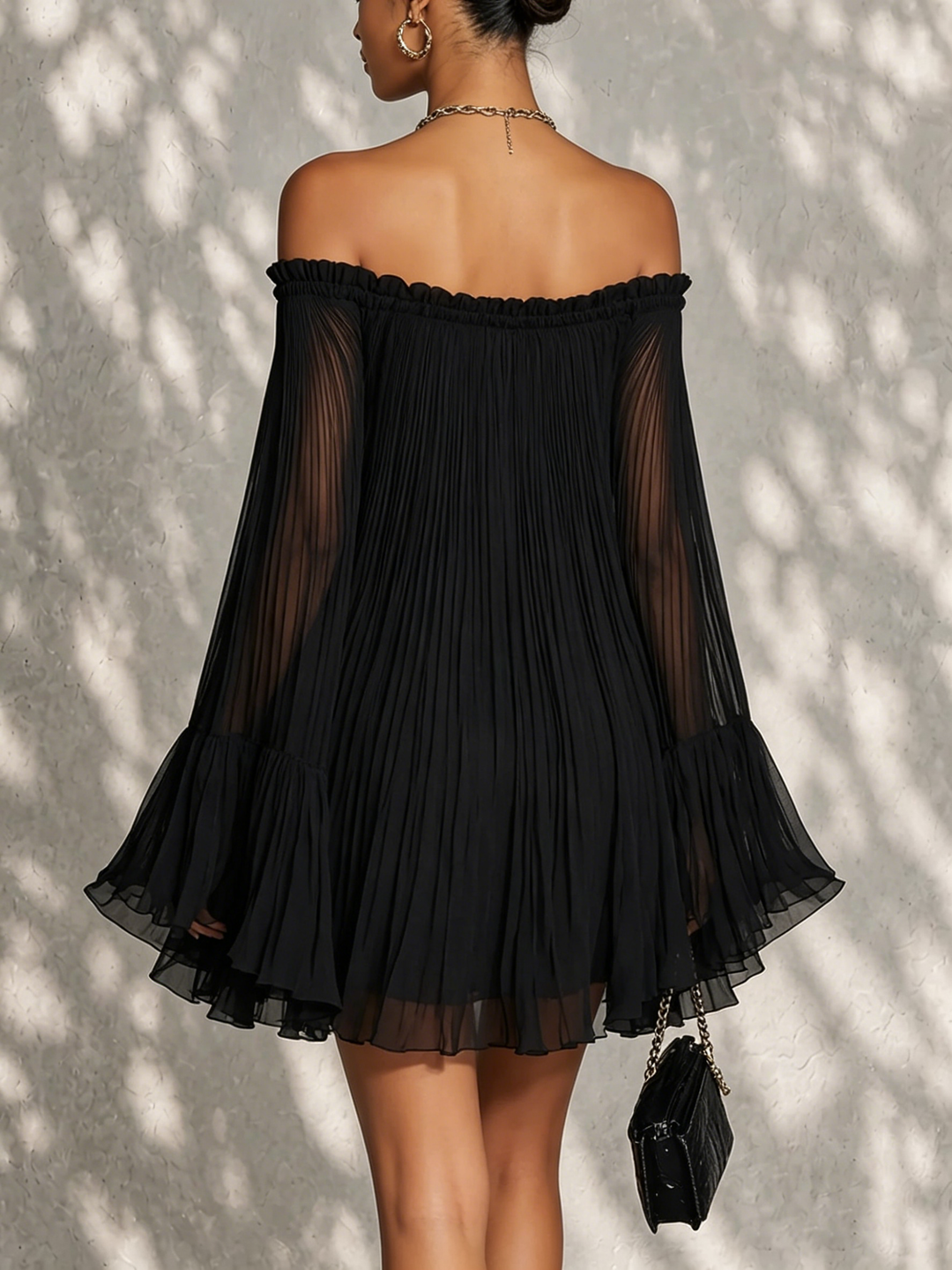 Black Off-Shoulder Bell-Sleeve Mini Dress