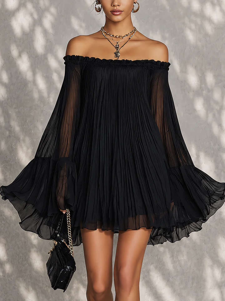 Black Off-Shoulder Bell-Sleeve Mini Dress