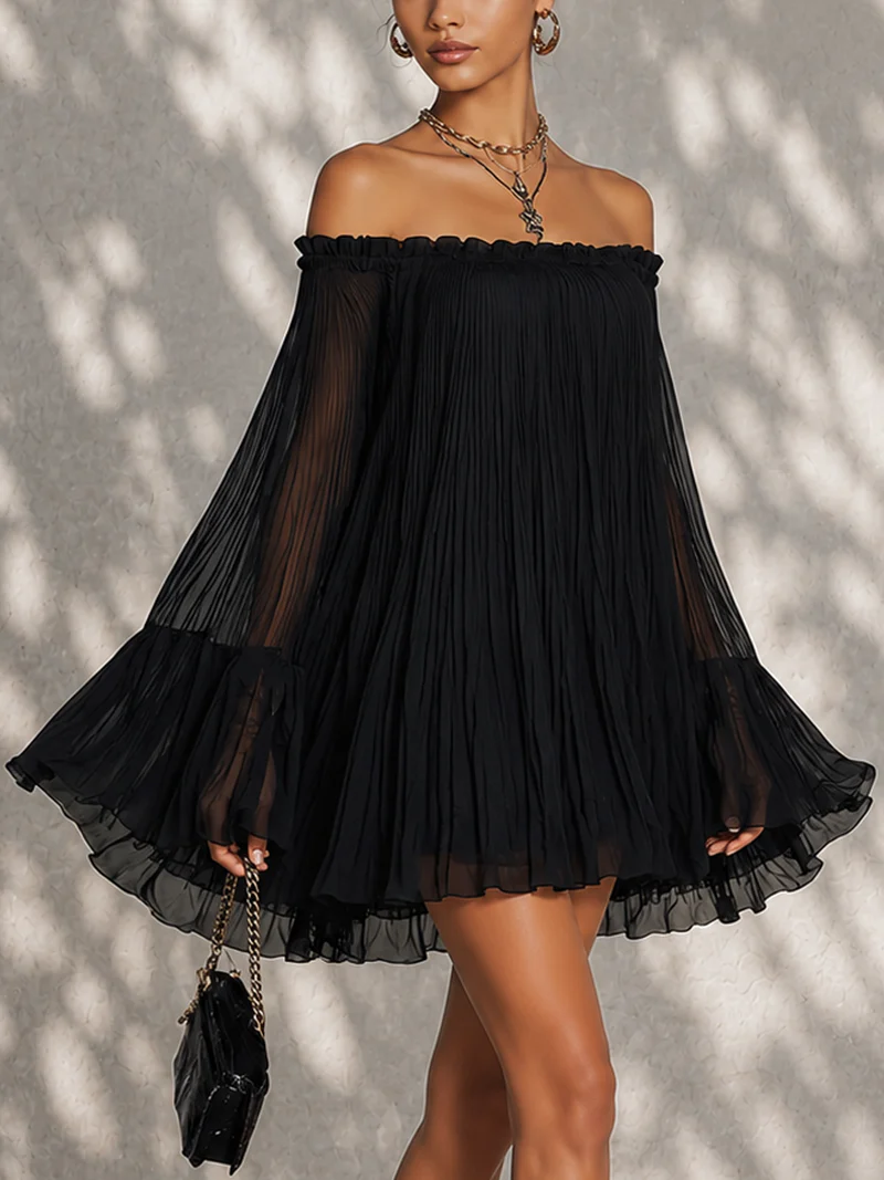 Black Off-Shoulder Bell-Sleeve Mini Dress
