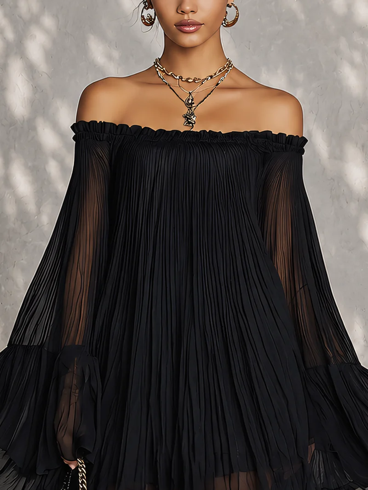 Black Off-Shoulder Bell-Sleeve Mini Dress