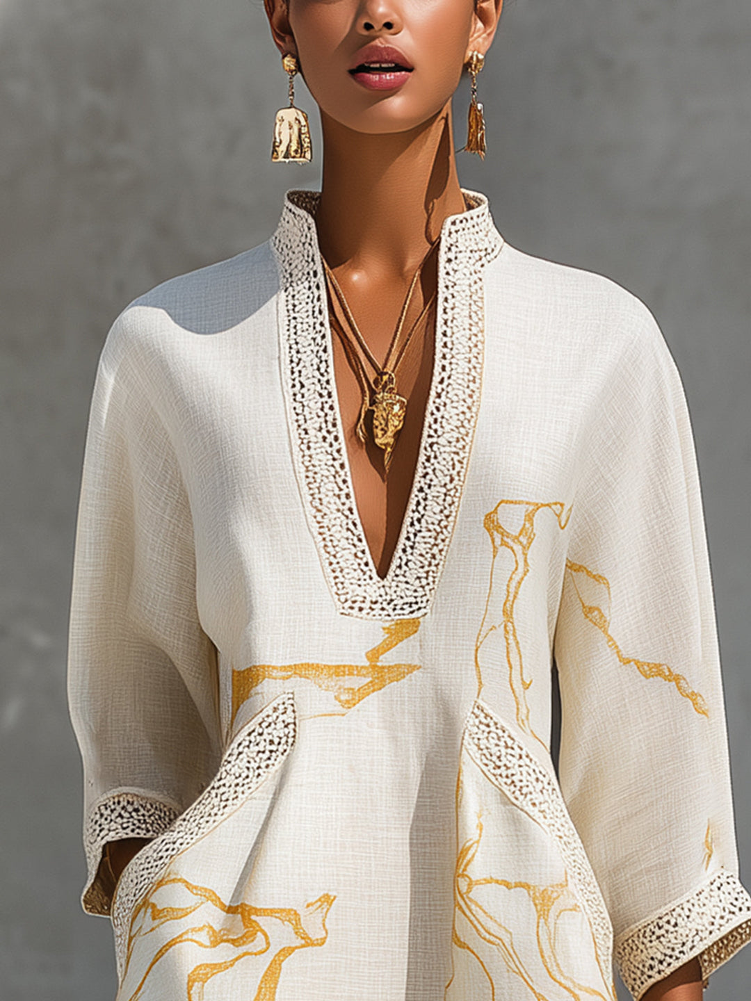 Ivory & Gold Crochet-Lace V-Neck Mini Dress
