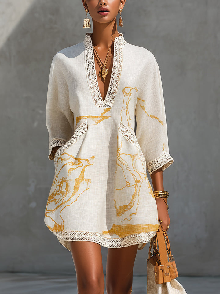 Ivory & Gold Crochet-Lace V-Neck Mini Dress